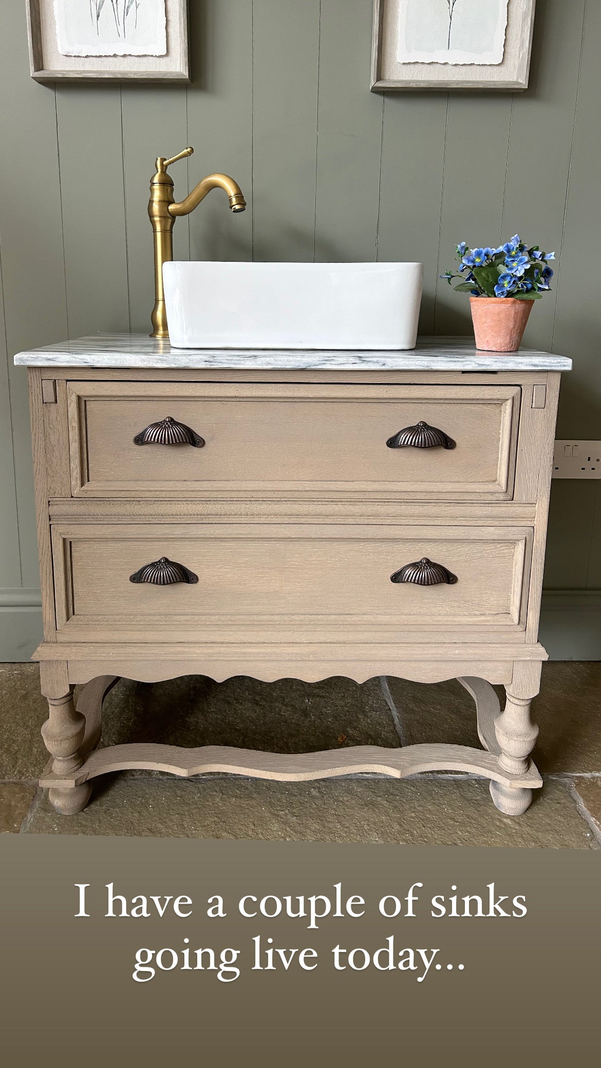 Vintage Marble Topped Vanity Sink finished in a Weathered Oak Style