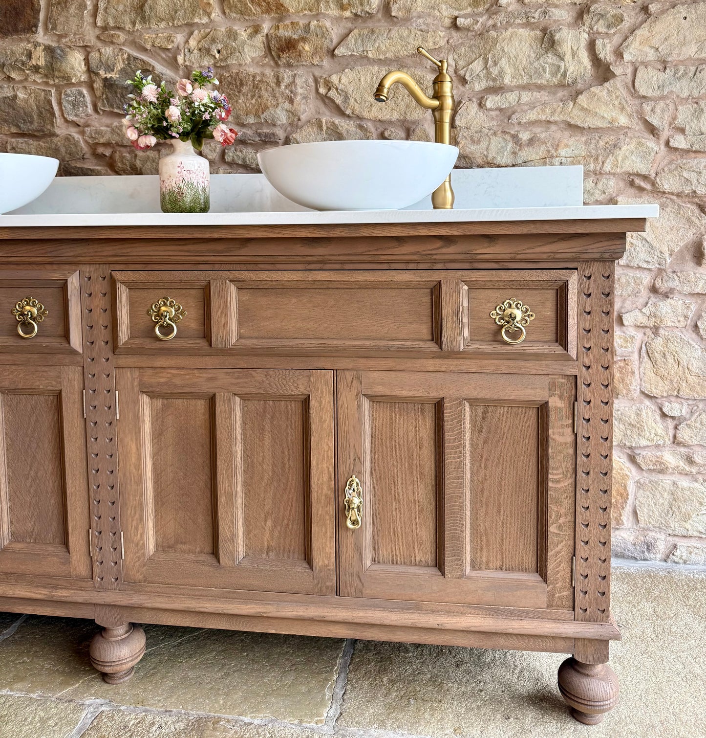 Large Solid Oak Double Vanity Sink Unit, Quartz Top, Upstand and Two Basins (185cm wide)