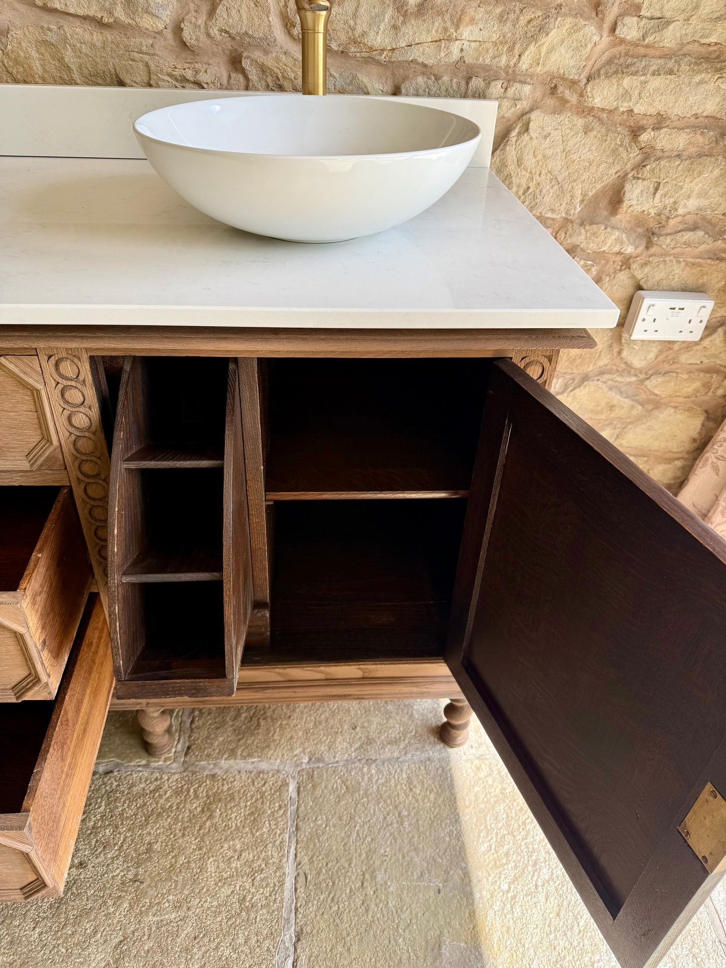 Large Carved Antique Solid Oak Vanity Sink Unit, Carrara Quartz Top, Upstand and TwoBasins.(182 cm wide)
