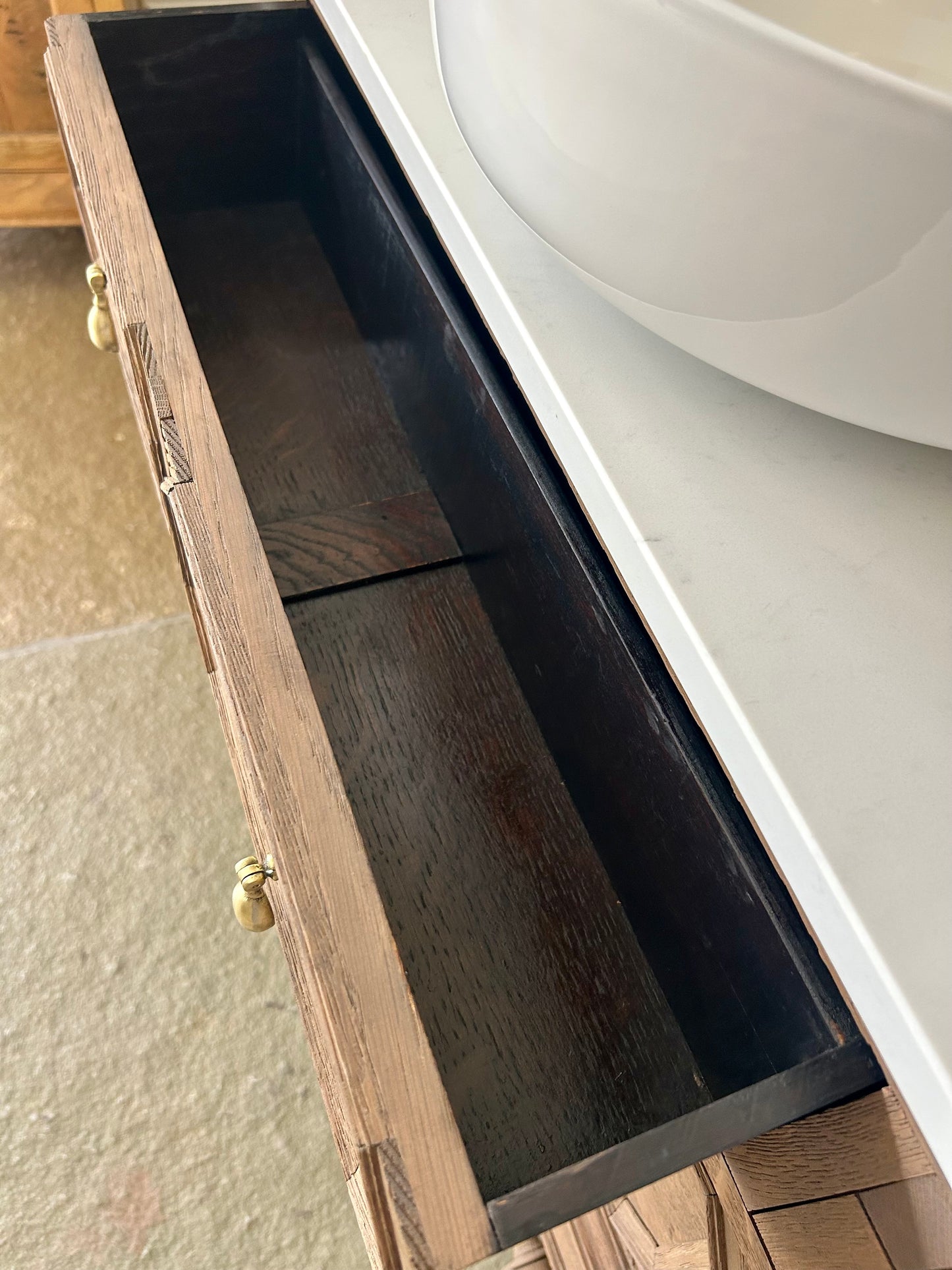 Vintage SolidOak Vanity Sink, Carrara Quartz top, Upstand and countertop basin. (76cm wide)