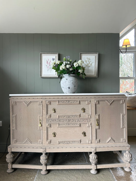 Vintage Rustic Oak Ornate Carved Sideboard with Quartz Top