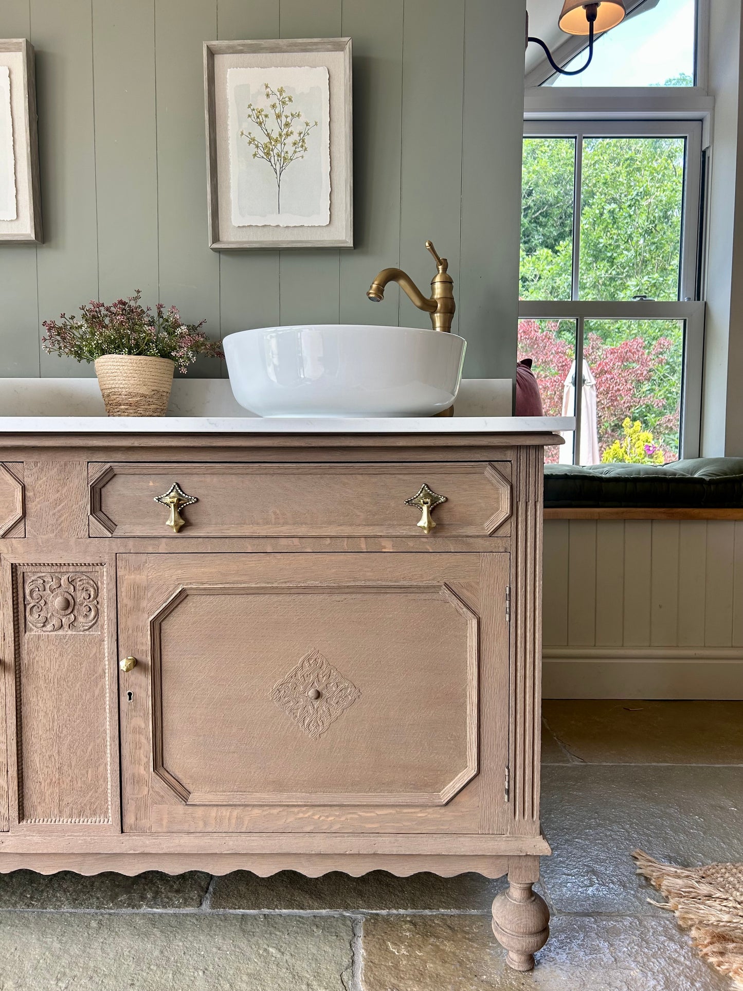 Vintage Double Vanity Sink, Solid Oak, Carrara Quartz top, basins and Upstand. (152cm wide)