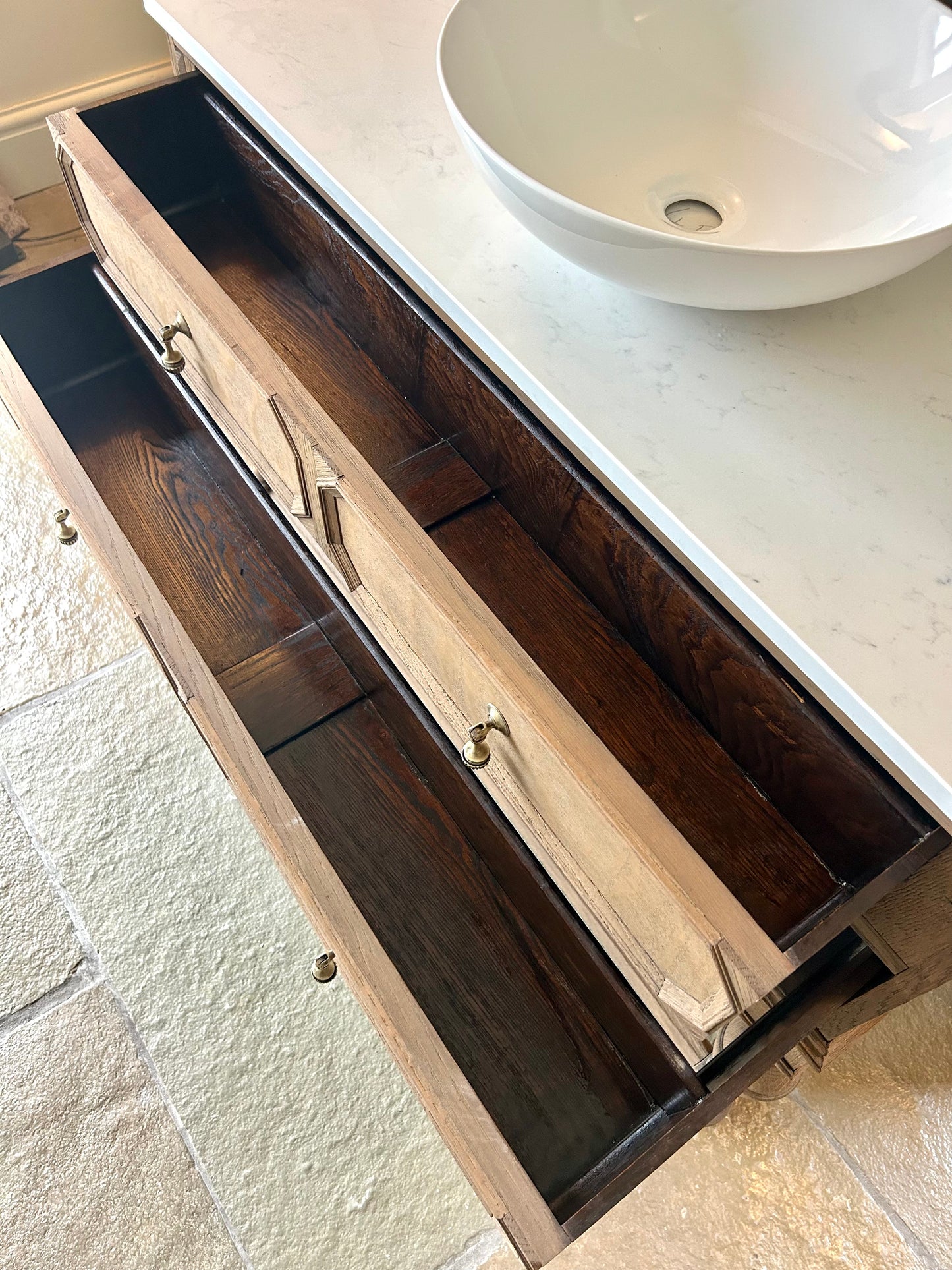 Solid Oak Vanity Sink in Warm Oak, quartz top, Upstand and Basin
