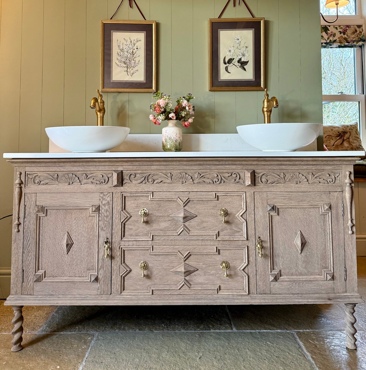 Large Double Vanity Sink Quartz Top, Upstand and Two Basins (155cm)