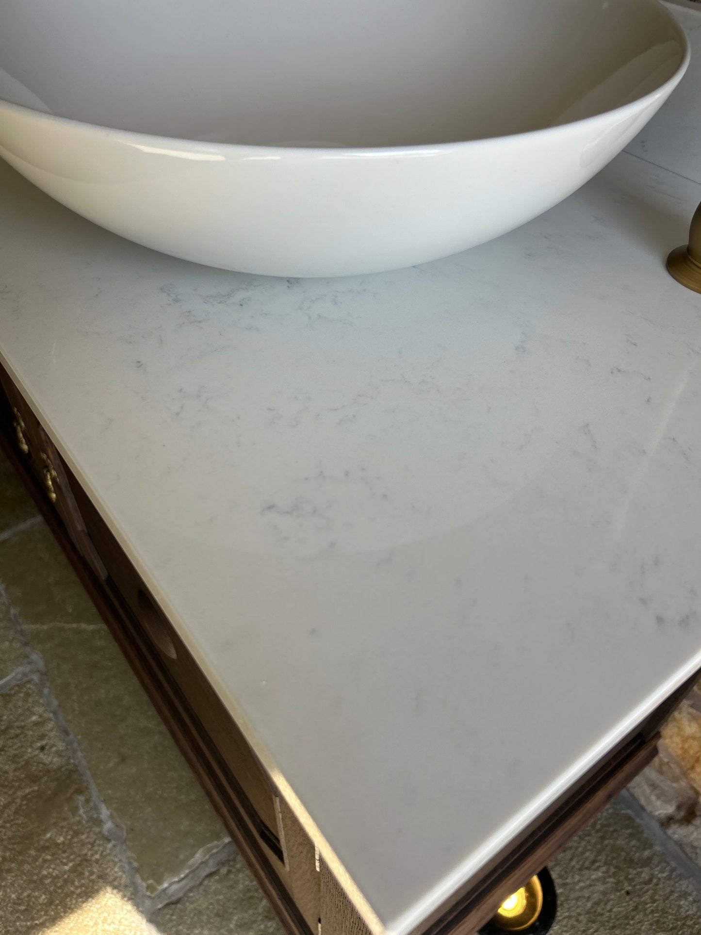 Vintage Double Vanity Sink in Classic Dark Oak, quartz top, Upstand and two basins. (139cm wide)