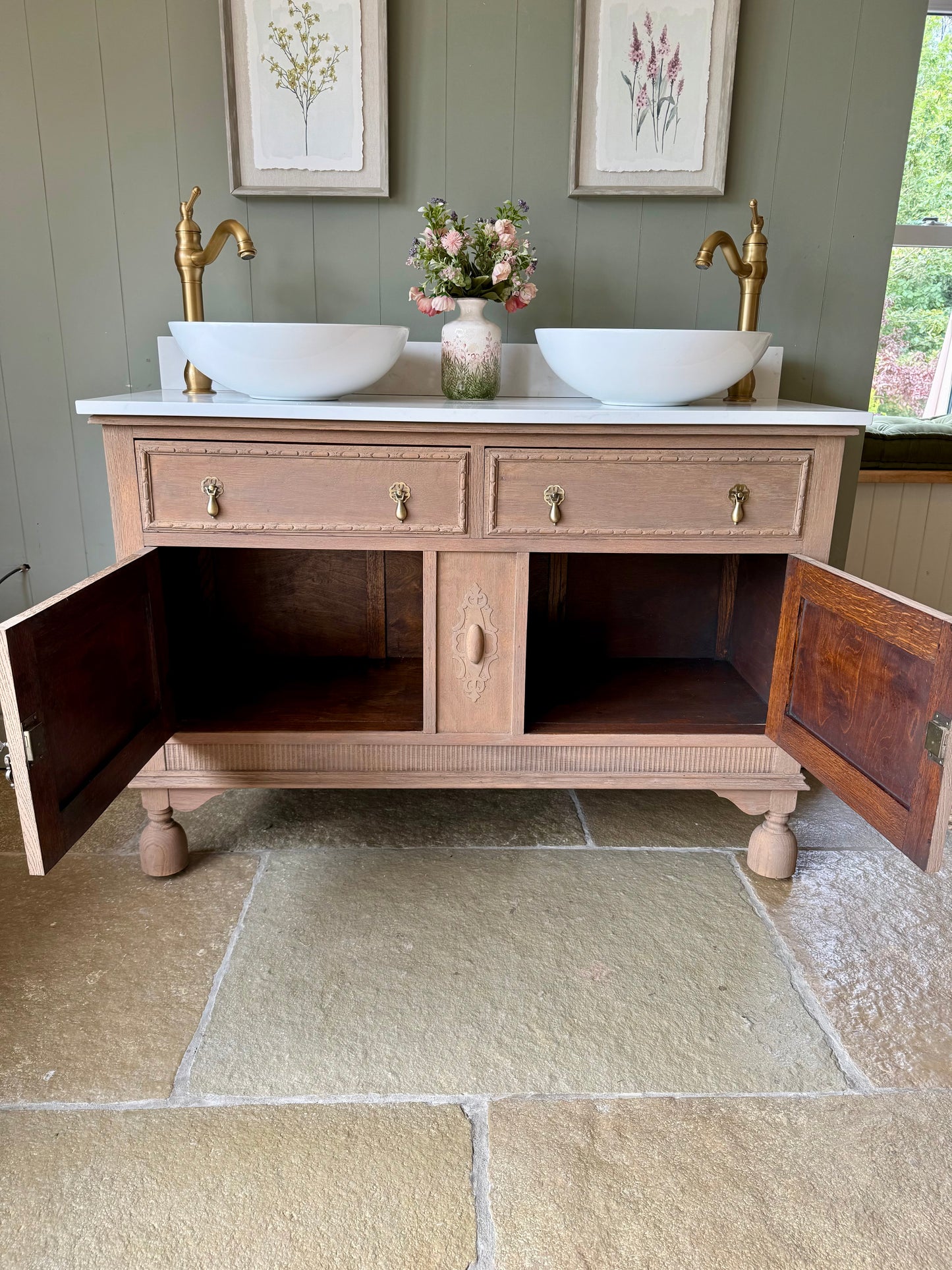 Pretty Solid Oak Vintage Double Vanity Sink, Carrara Quartz top, Upstand and two basins (124cm wide)