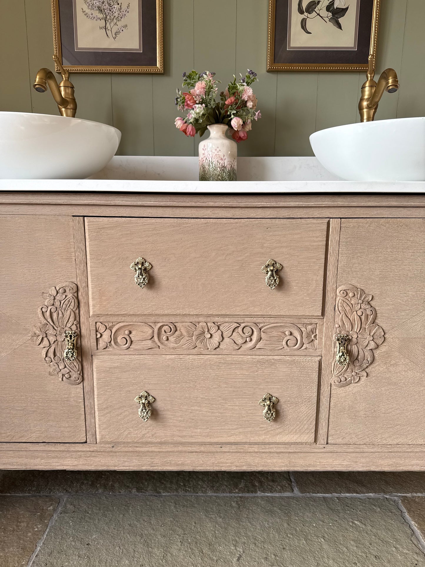 Beautiful, Vintage Solid Oak , Double Vanity Sink, Carrara Quartz top, Upstand and two basins (154.5cm wide)