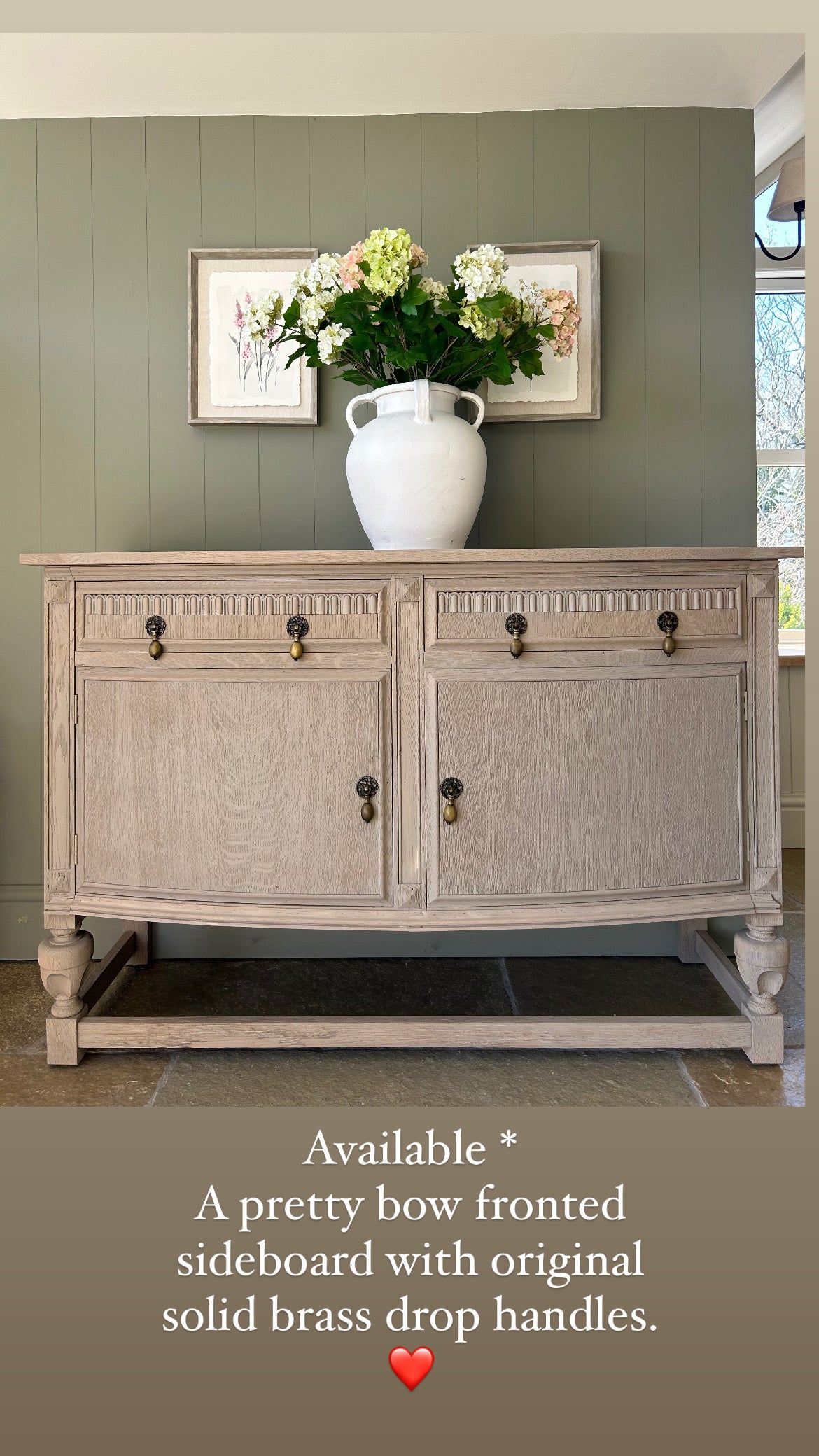 Vintage Bow Fronted sideboard finished in a weathered oak style.