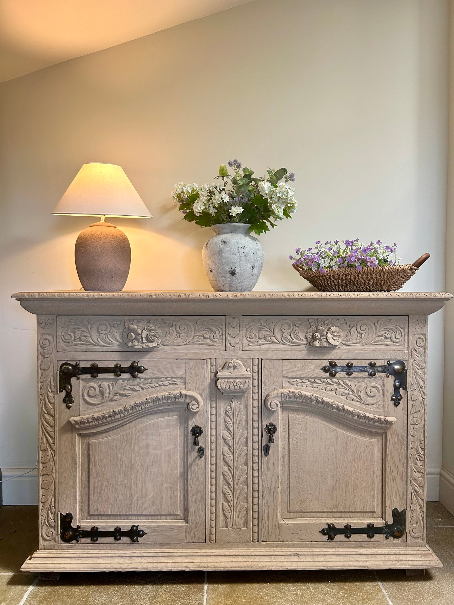 Antique Solid Oak Sideboard finished in a natural weathered oak style