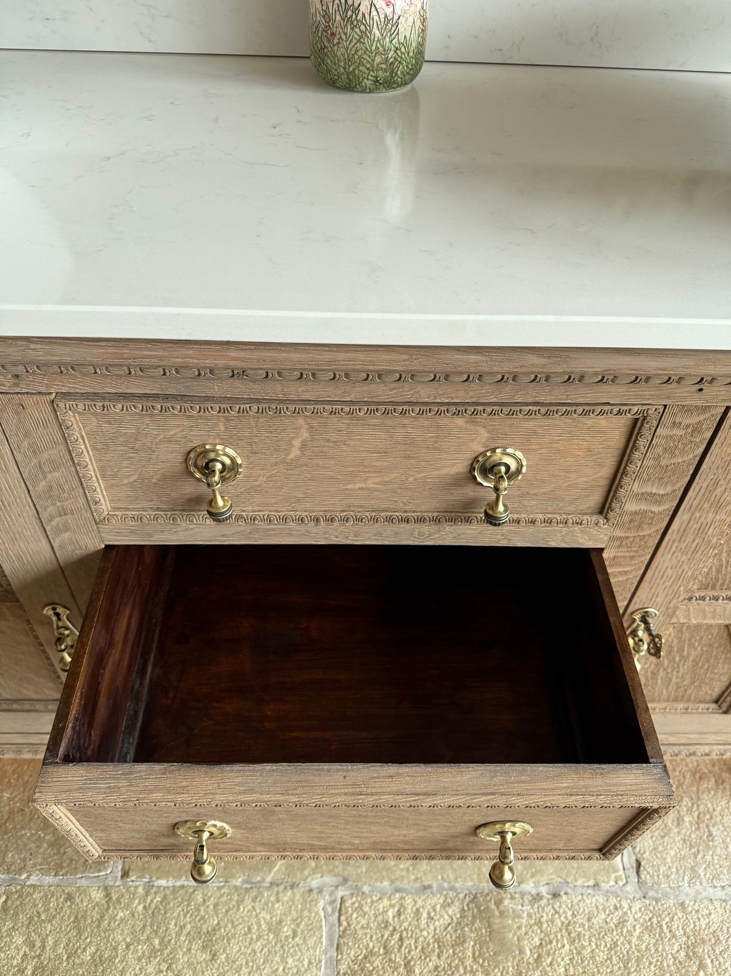 Vintage Solid Oak Double Vanity Sink, Carrara Quartz Top, Upstand and Two Basins