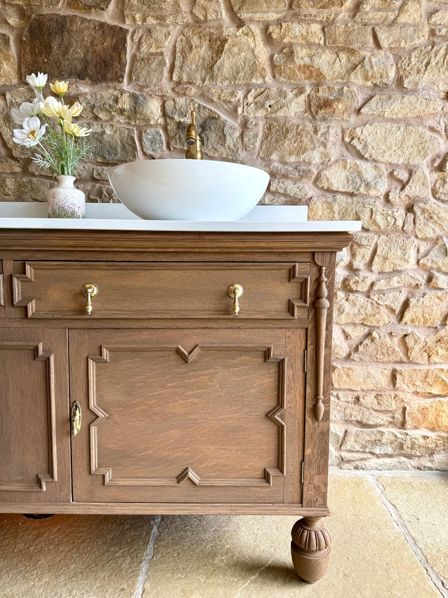Vintage Solid Oak Double Vanity Sink Unit in a Warm Oak. Carrara Quartz Top, Upstand and Two Basins