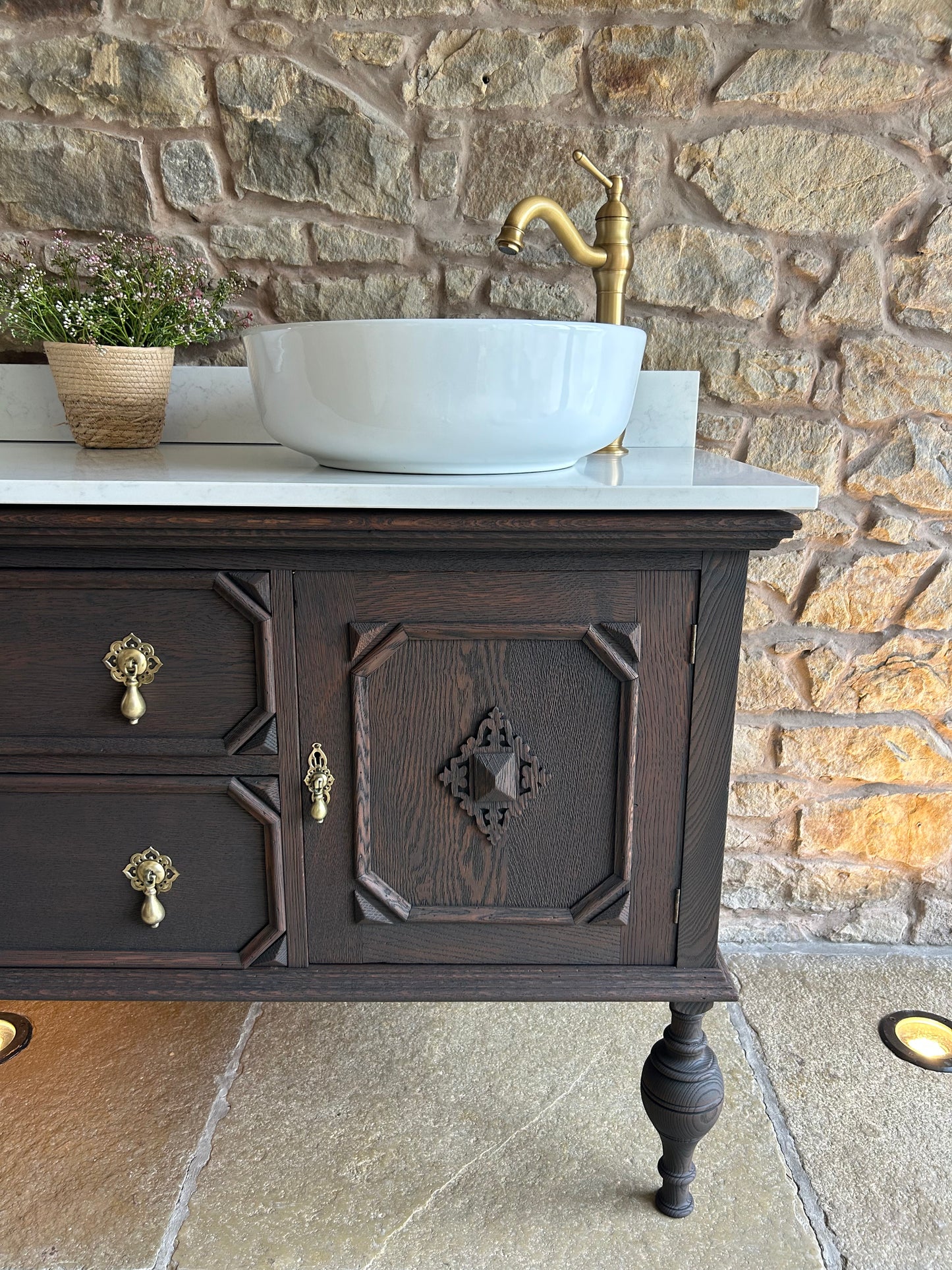 Classic Dark Solid Oak Double Vanity with Quartz top, Upstand and basins. (154cm wide)
