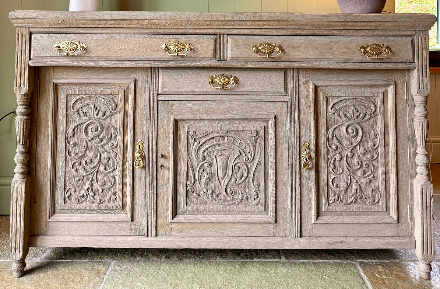 Antique Rustic Medium Sized Oak Sideboard with pretty carved detailing. (153cm wide)