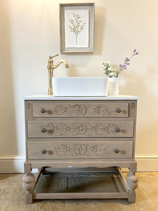 Vintage Floral Oak Vanity Sink Marble Top