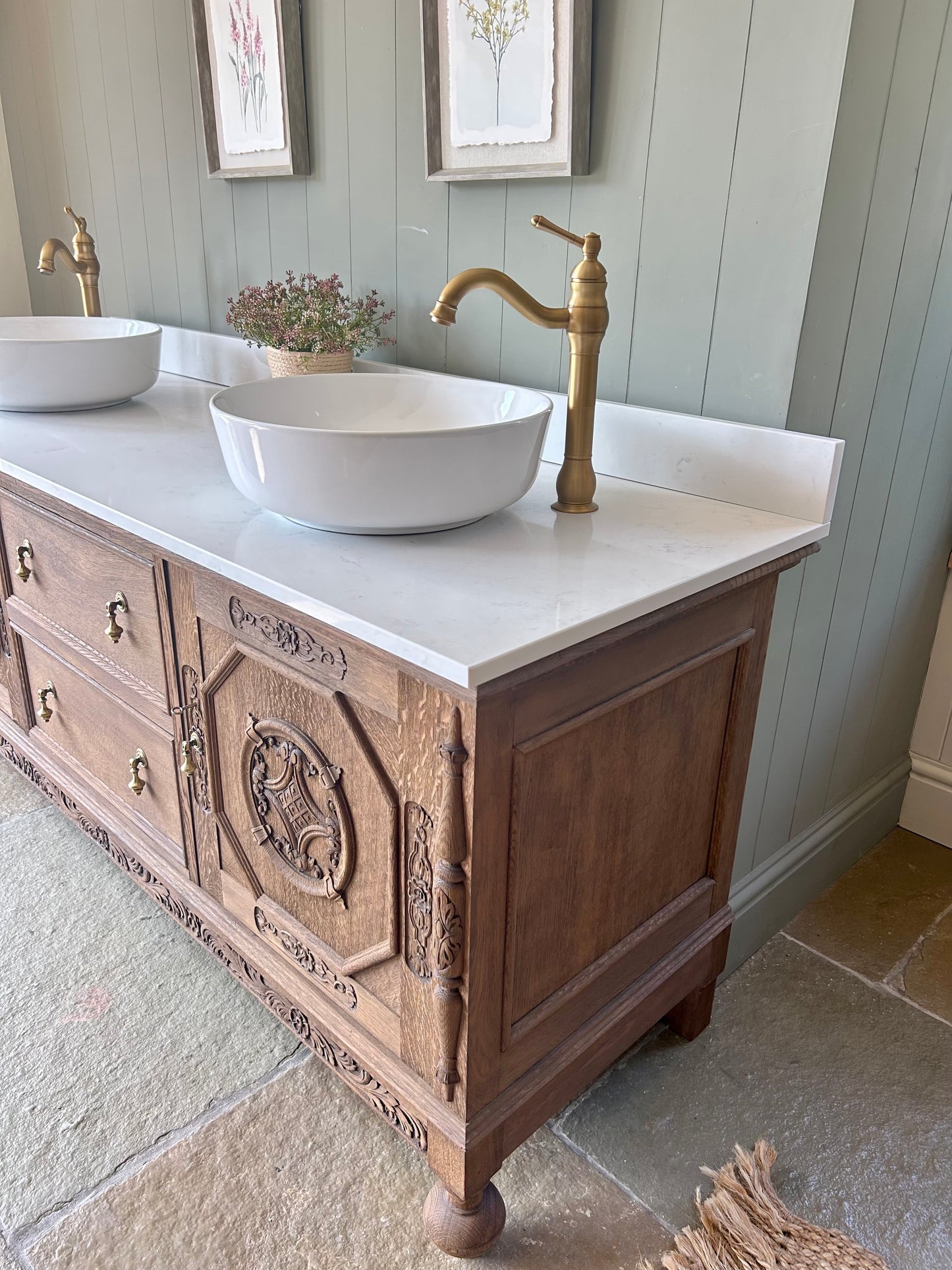 Extra Large Double Vanity Sink. Solid Oak finished in Mid Oak. Carrara Quartz top, Upstand and two basins. (187cm wide)