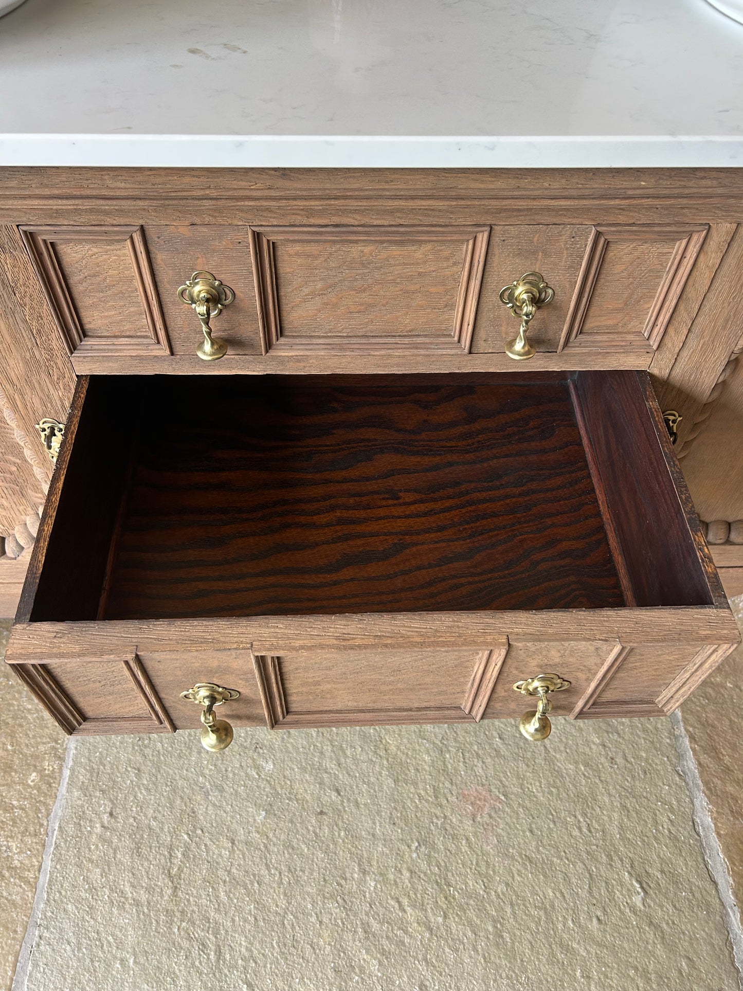Large Vintage Double Vanity Sink, Carrara Quartz top, Upstand and two basins. (155cm wide)