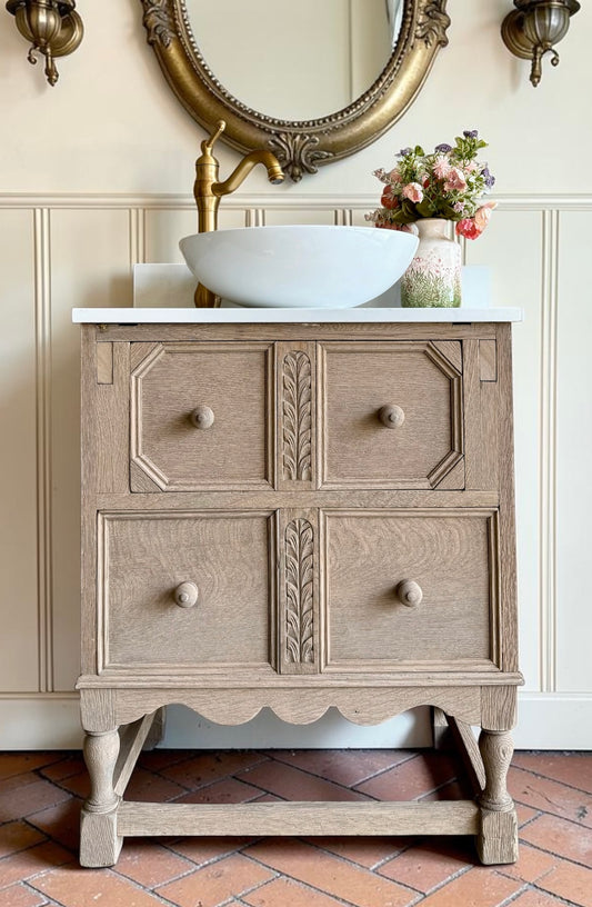 Small Vintage Oak Vanity Sink, Quartz Top, Upstand and Basin (63cm wide)