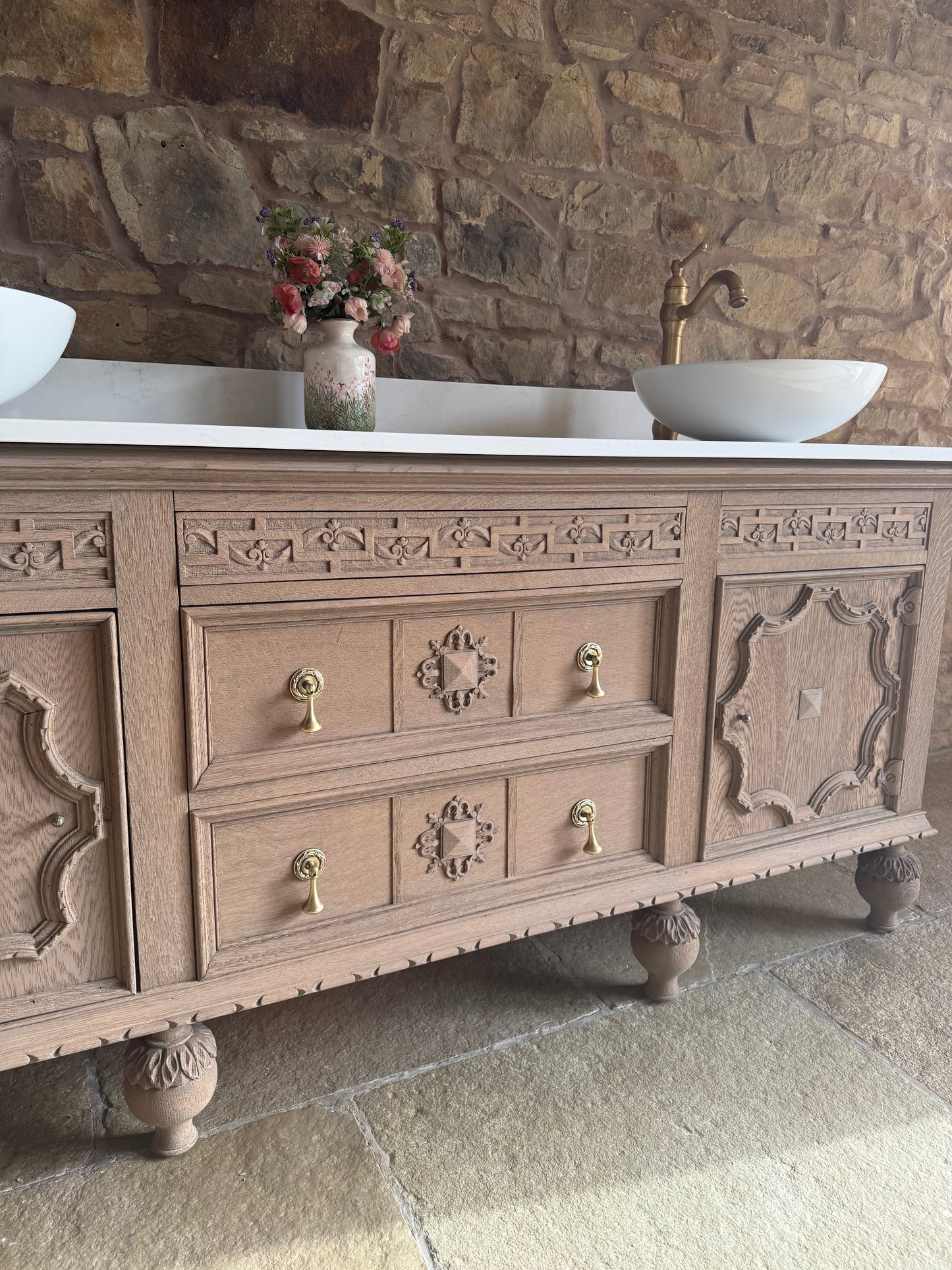 Rustic Large Double Vanity Sink Unit, Quartz top, Upstand and two basins (185cm wide)