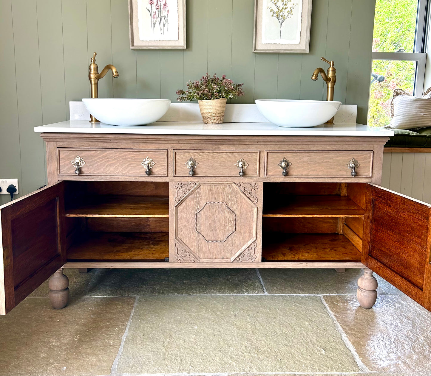 Vintage Solid Oak Double Vanity Sink in a Mid Warm Oak. Quartz top, Upstand and two basins. (155.5cm wide)
