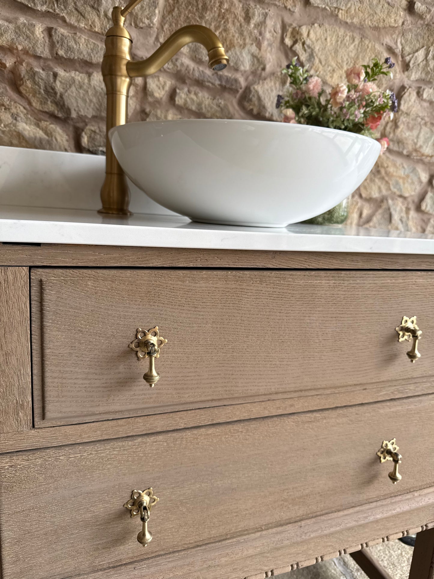 Small Vintage Oak Vanity Sink, Quartz Top, Upstand and Basin (75cm wide)