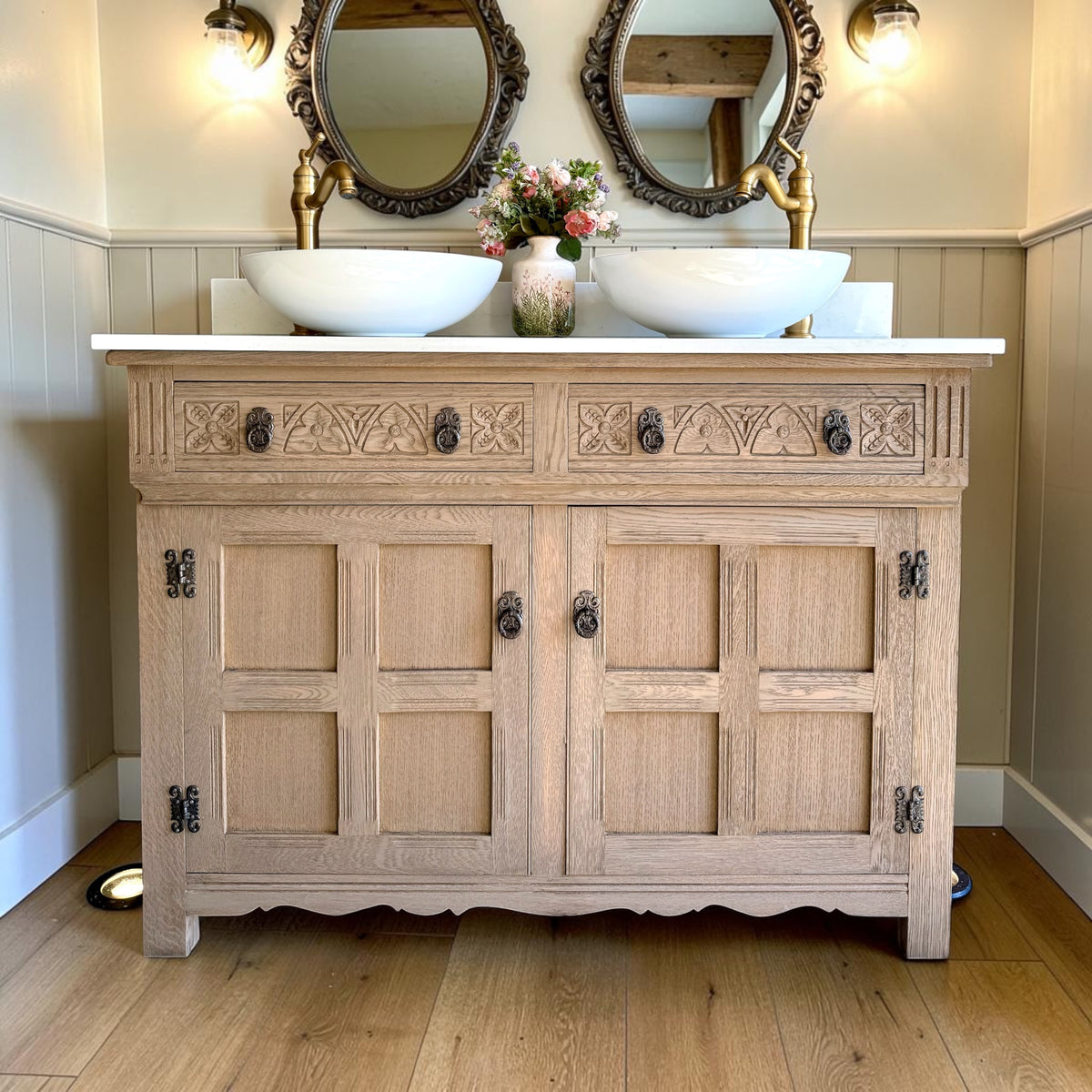 Rustic Oak Vanity Sink Unit, Quartz top, Upstand and two basins(124cm)