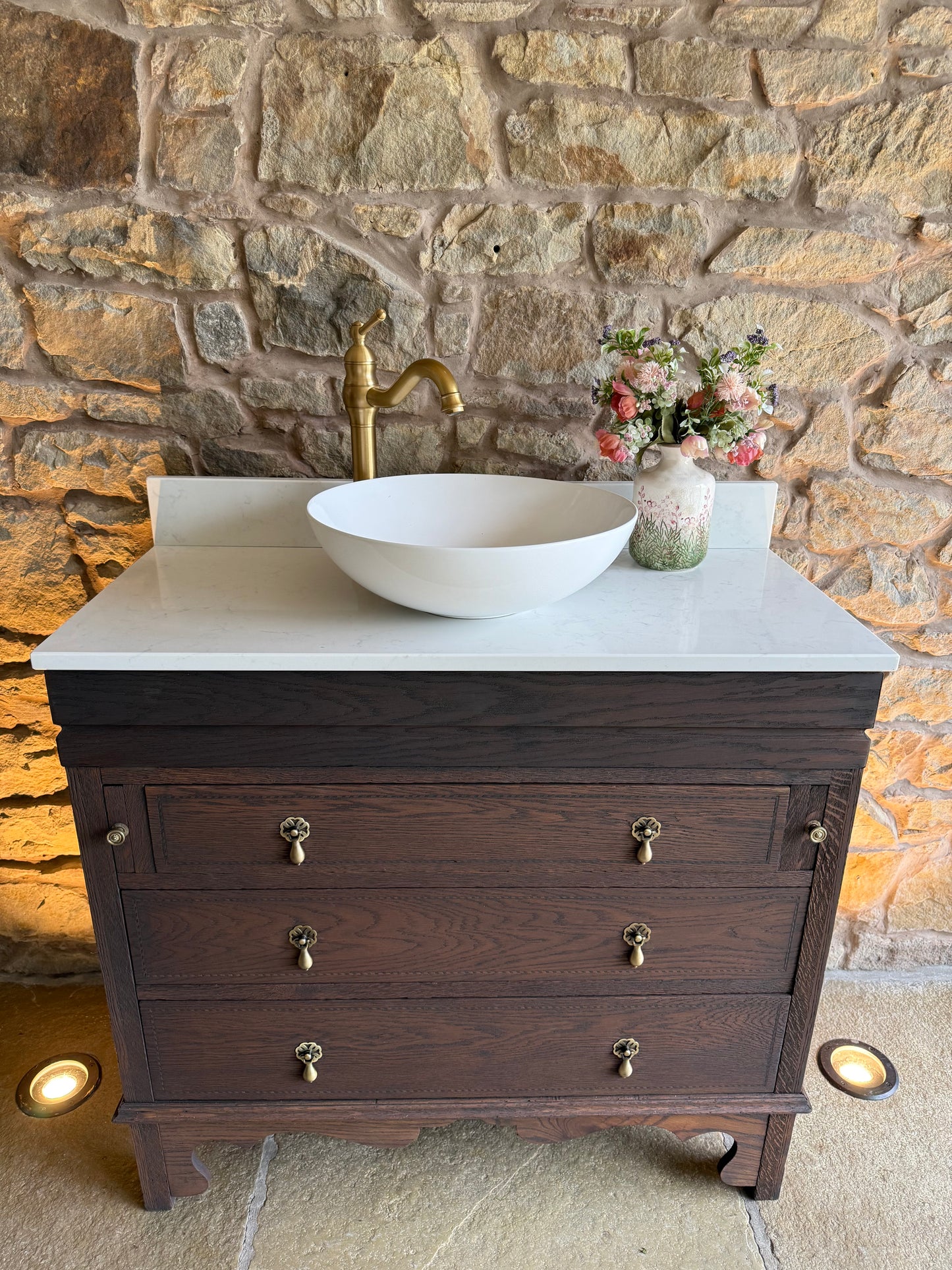 Vintage Solid Oak Vanity Sink Unit, Carrara Quartz Top, Upstand and Basin (94cm wide)