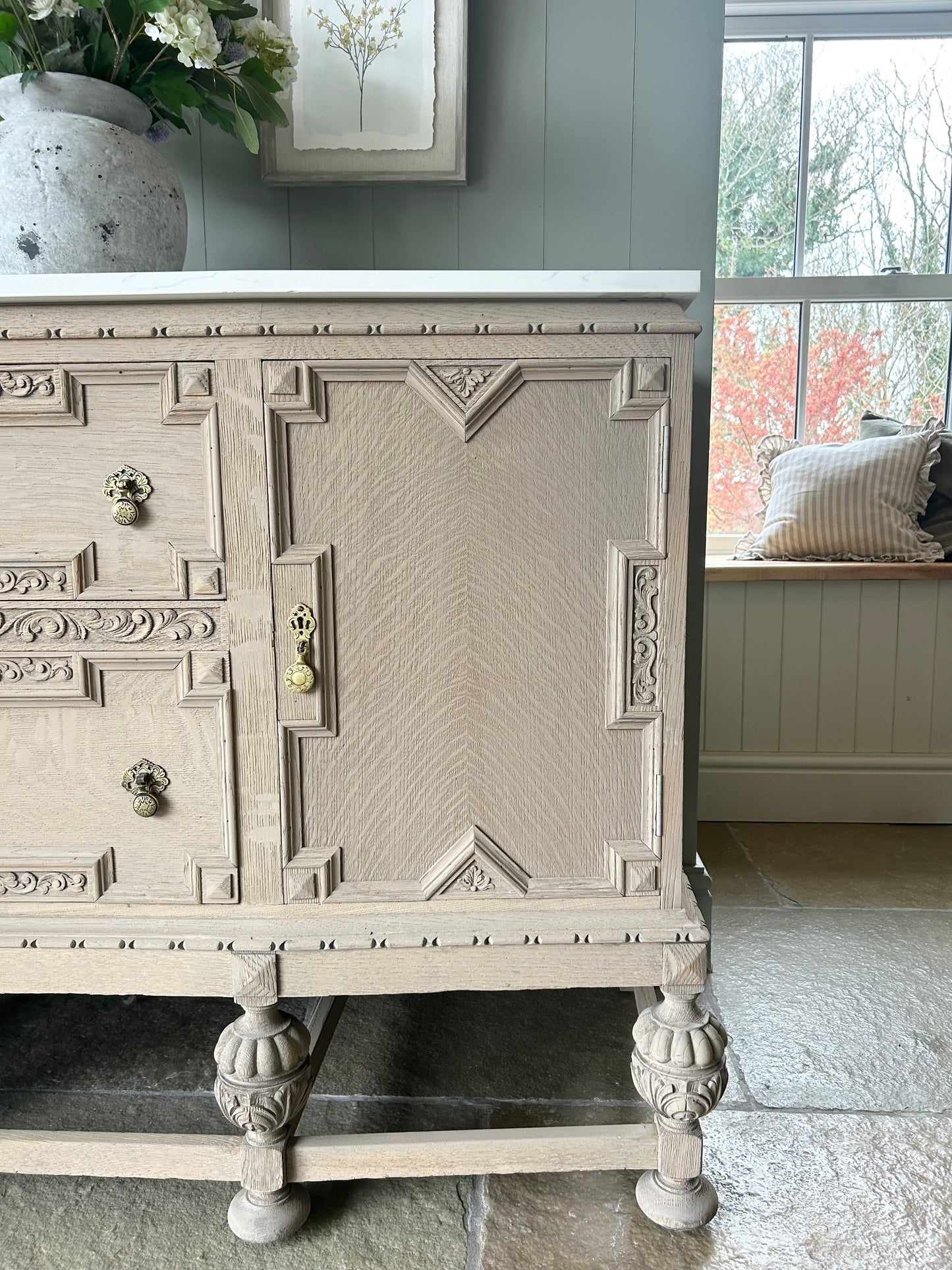 Vintage Rustic Oak Ornate Carved Sideboard with Quartz Top