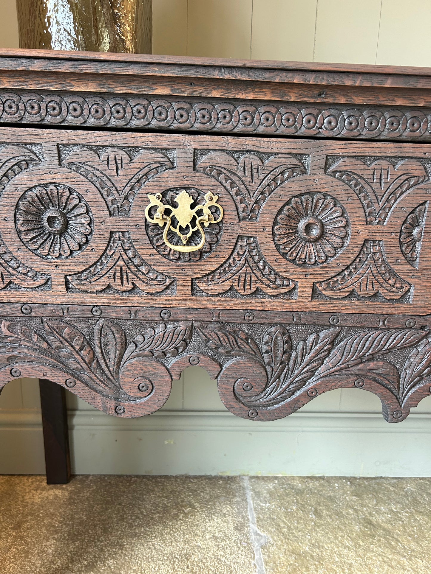 Antique Large Dark Solid Oak console table