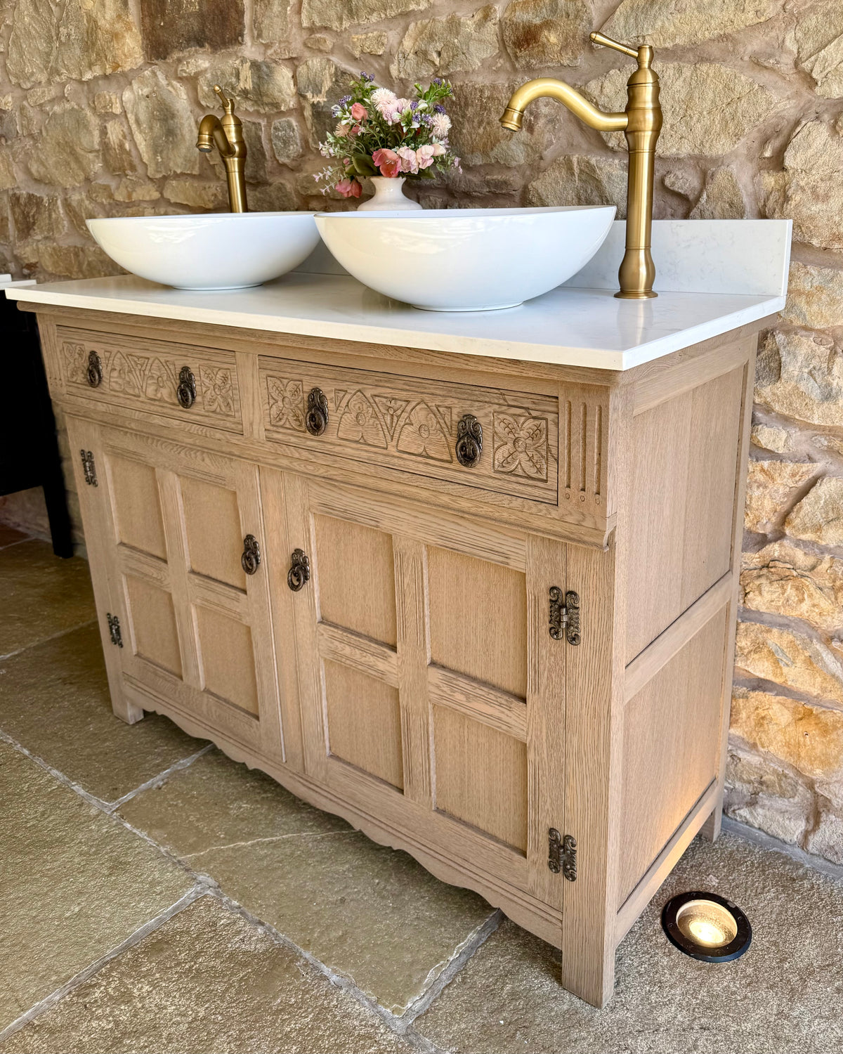 Rustic Oak Vanity Sink Unit, Quartz top, Upstand and two basins(124cm)