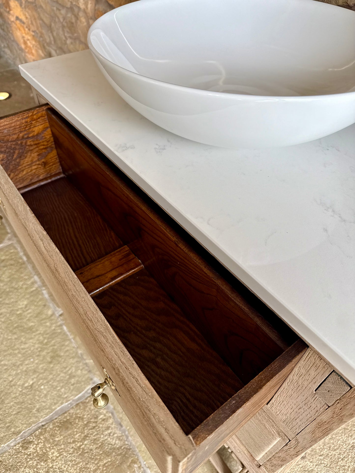 Small Vintage Oak Vanity Sink, Quartz Top, Upstand and Basin (75cm wide)