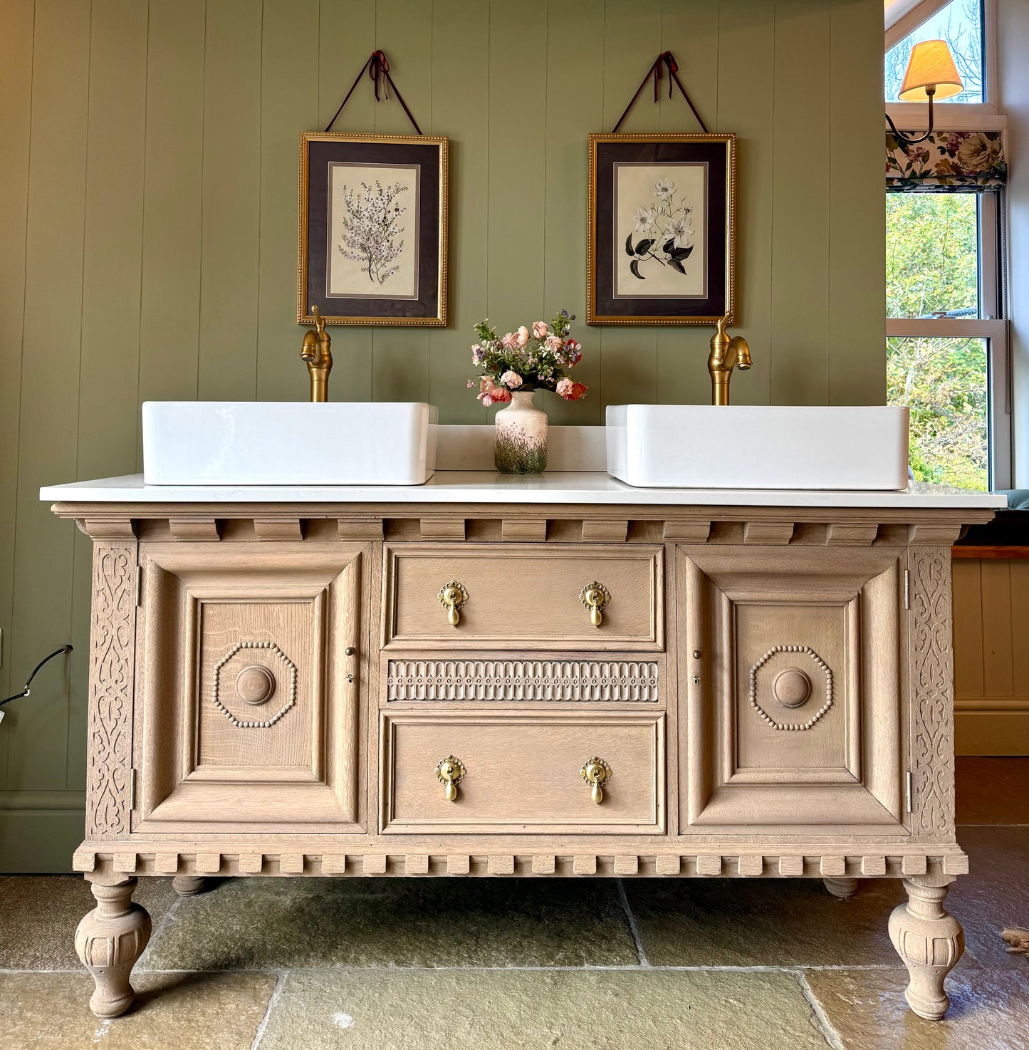 Large Vintage Solid Oak Vanity Sink unit, Carrara Quartz top, Upstand and two basins (choice of rectangular or circular) 154cm wide.