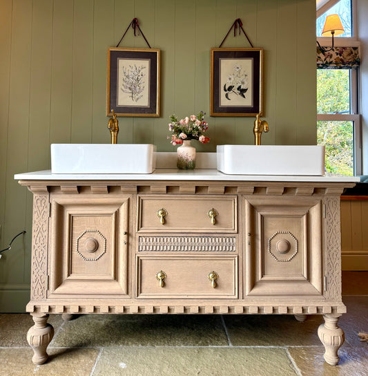 Large Vintage Solid Oak Vanity Sink unit, Carrara Quartz top, Upstand and two basins (choice of rectangular or circular) 154cm wide.