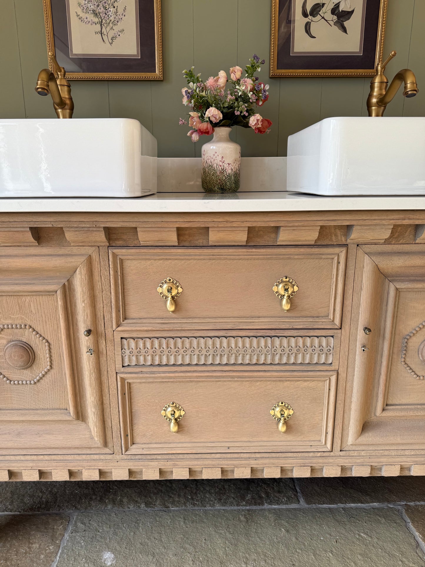 Large Vintage Solid Oak Vanity Sink unit, Carrara Quartz top, Upstand and two basins (choice of rectangular or circular) 154cm wide.