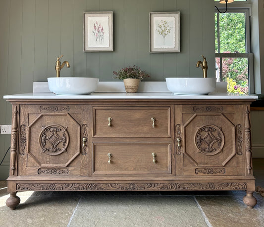 Extra Large Double Vanity Sink. Solid Oak finished in Mid Oak. Carrara Quartz top, Upstand and two basins. (187cm wide)
