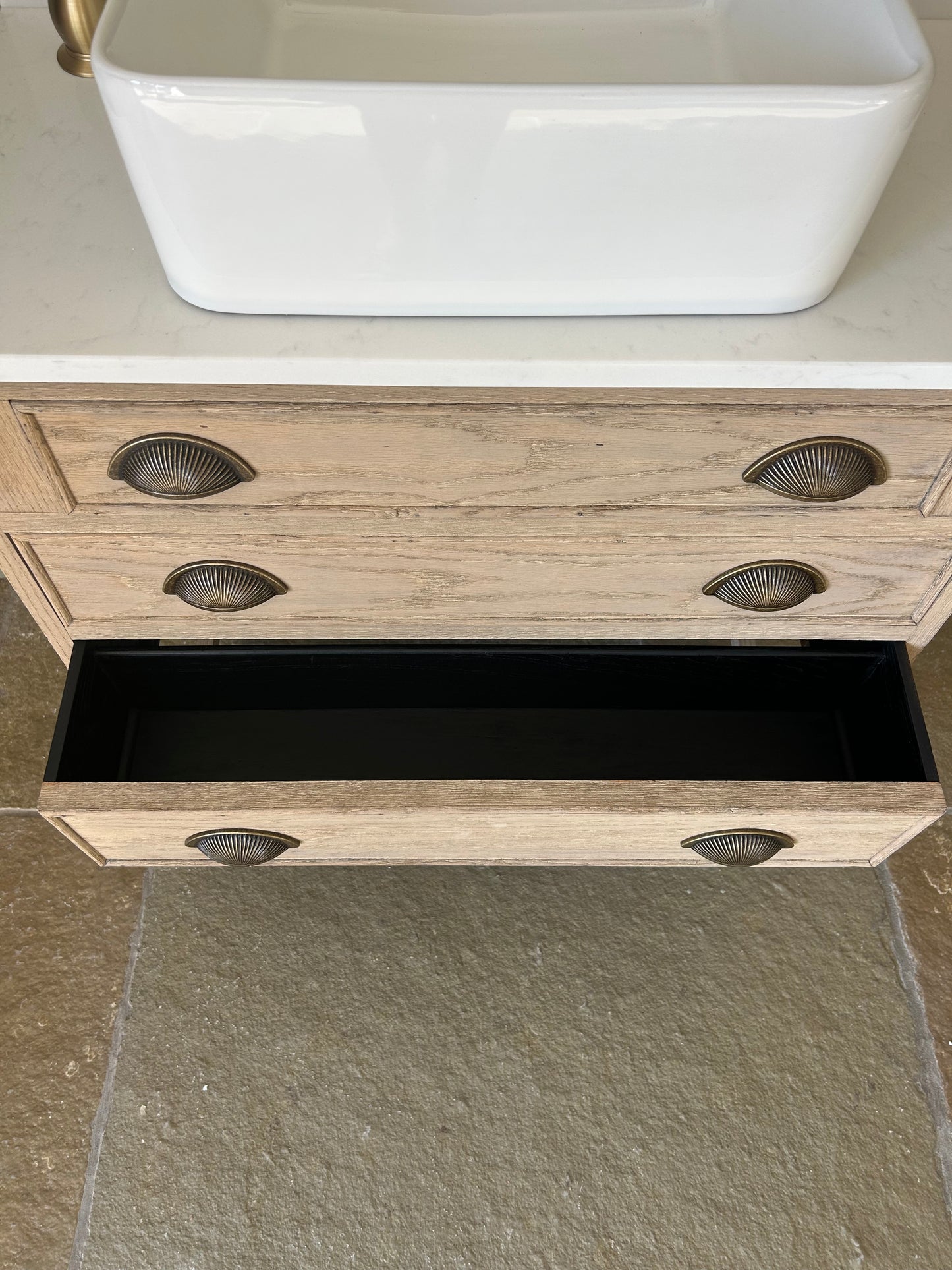 Small vintage  Quartz topped vanity sink in a light weathered Oak. 76cm wide