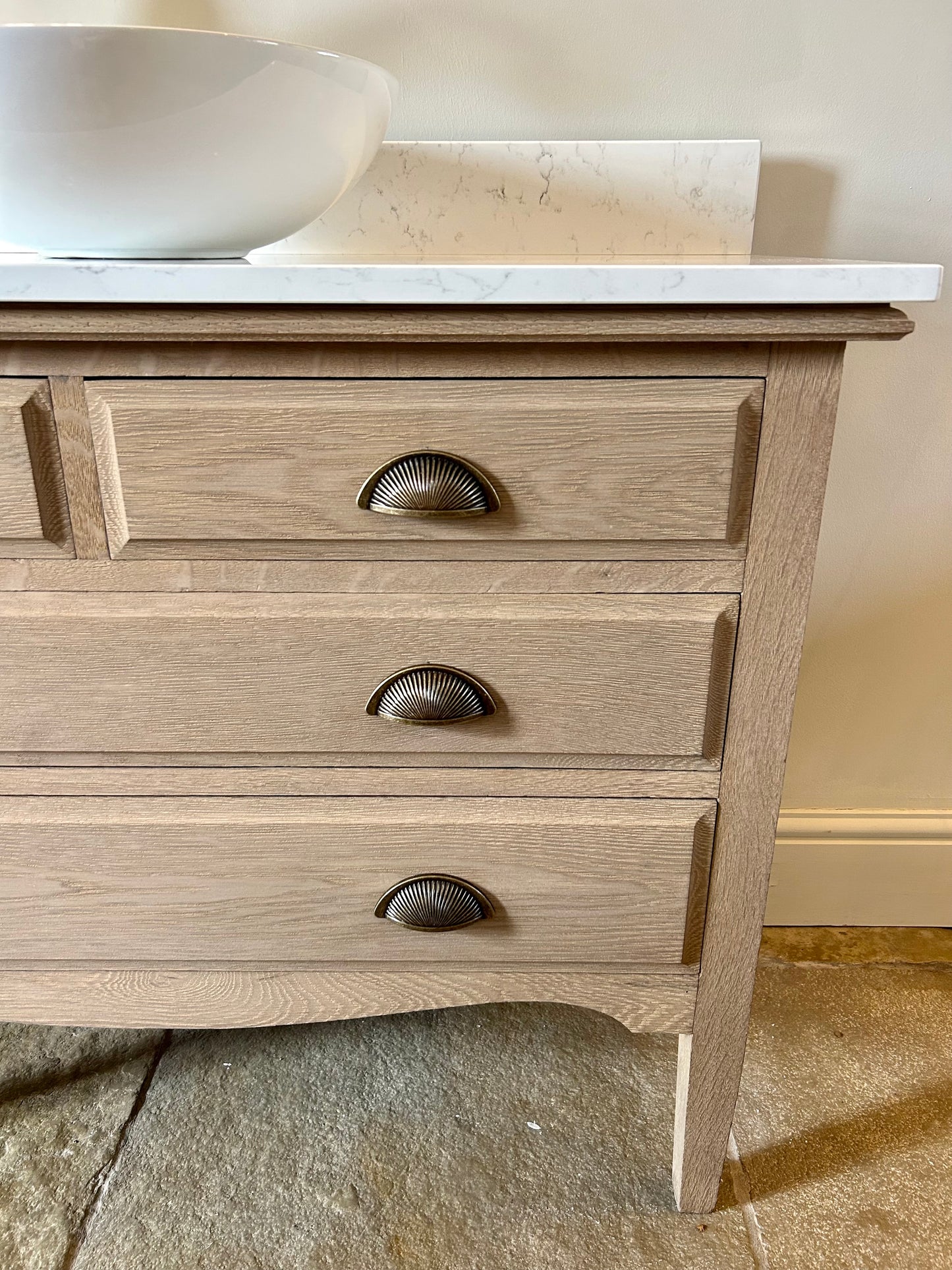 Large Vintage Vanity Sink Finished in weathered oak with quartz/marble top and Upstand (106cm wide)