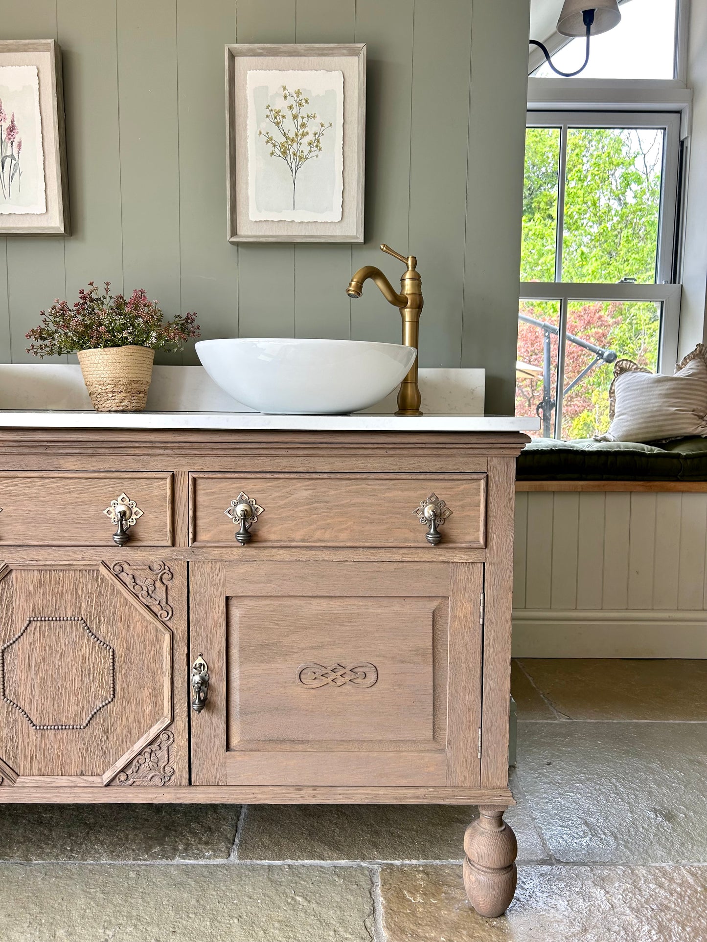 Vintage Solid Oak Double Vanity Sink in a Mid Warm Oak. Quartz top, Upstand and two basins. (155.5cm wide)