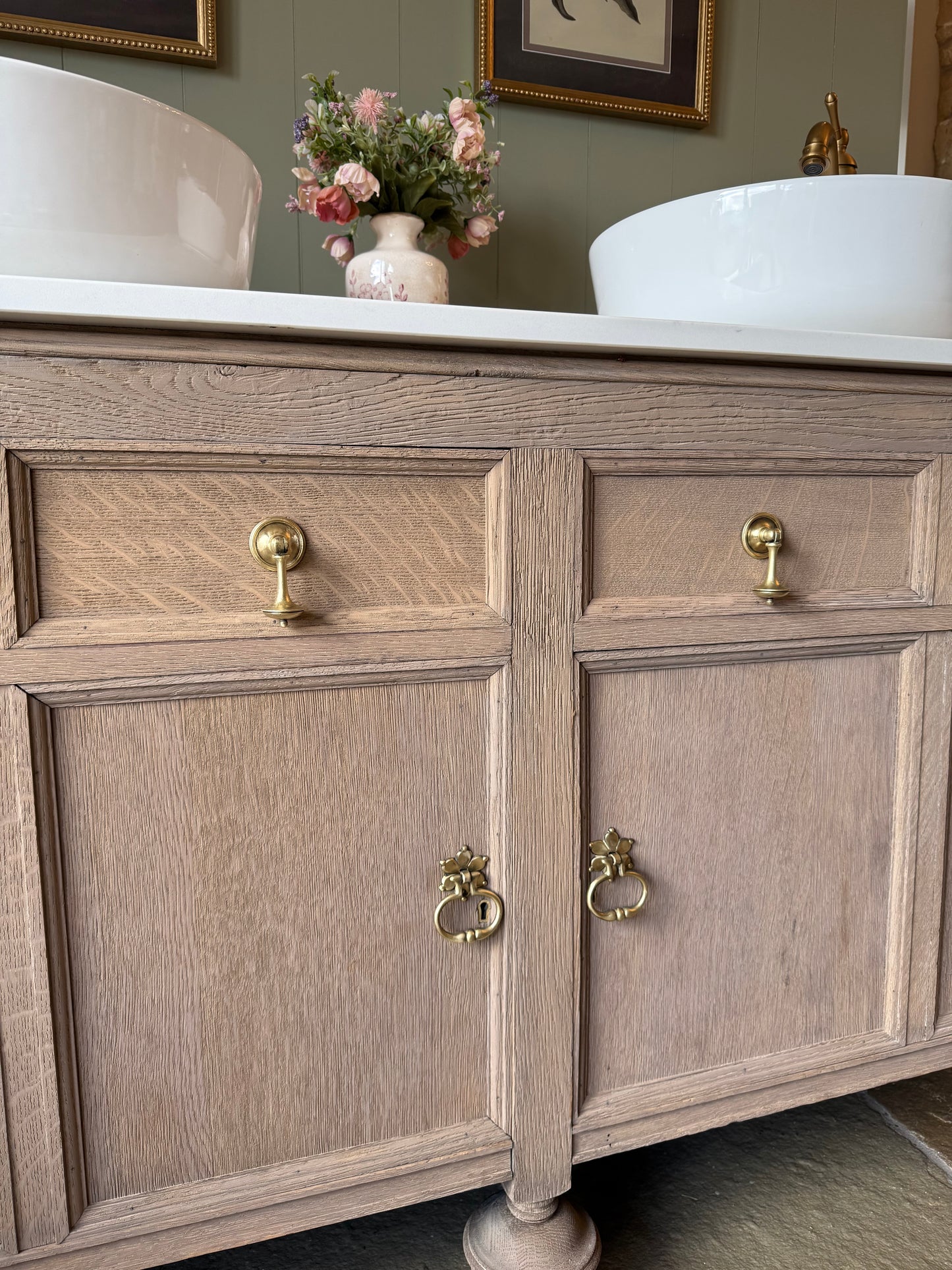 Large Vintage Oak Double Vanity unit, Carrara Quartz top, Upstand and two basins (154.5cm)