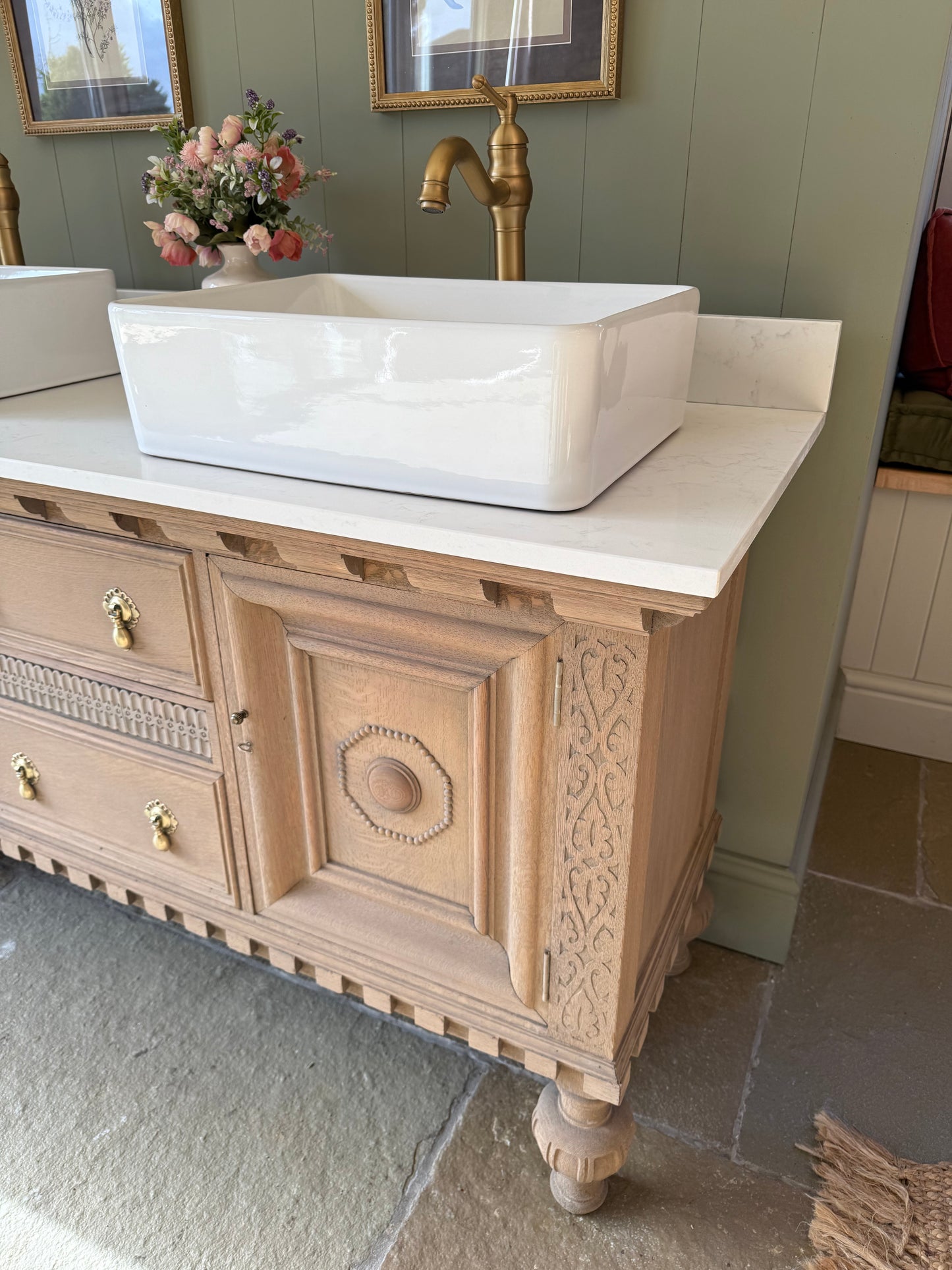 Large Vintage Solid Oak Vanity Sink unit, Carrara Quartz top, Upstand and two basins (choice of rectangular or circular) 154cm wide.