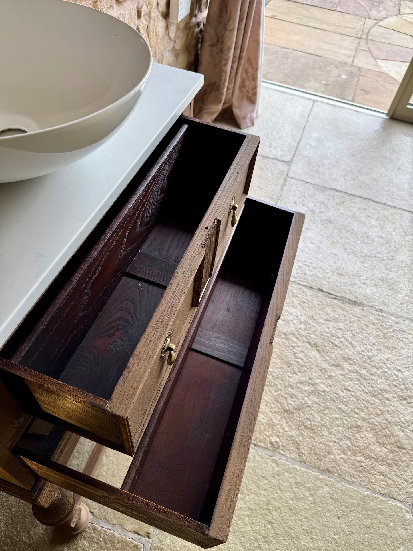 Small Vintage Oak Vanity Sink Unit, Carrara Quartz Top, Upstand and basin (71cm wide)
