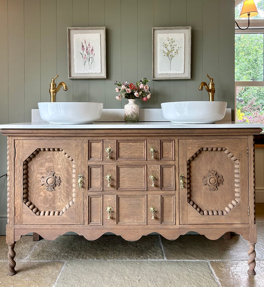 Large Vintage Double Vanity Sink, Carrara Quartz top, Upstand and two basins. (155cm wide)