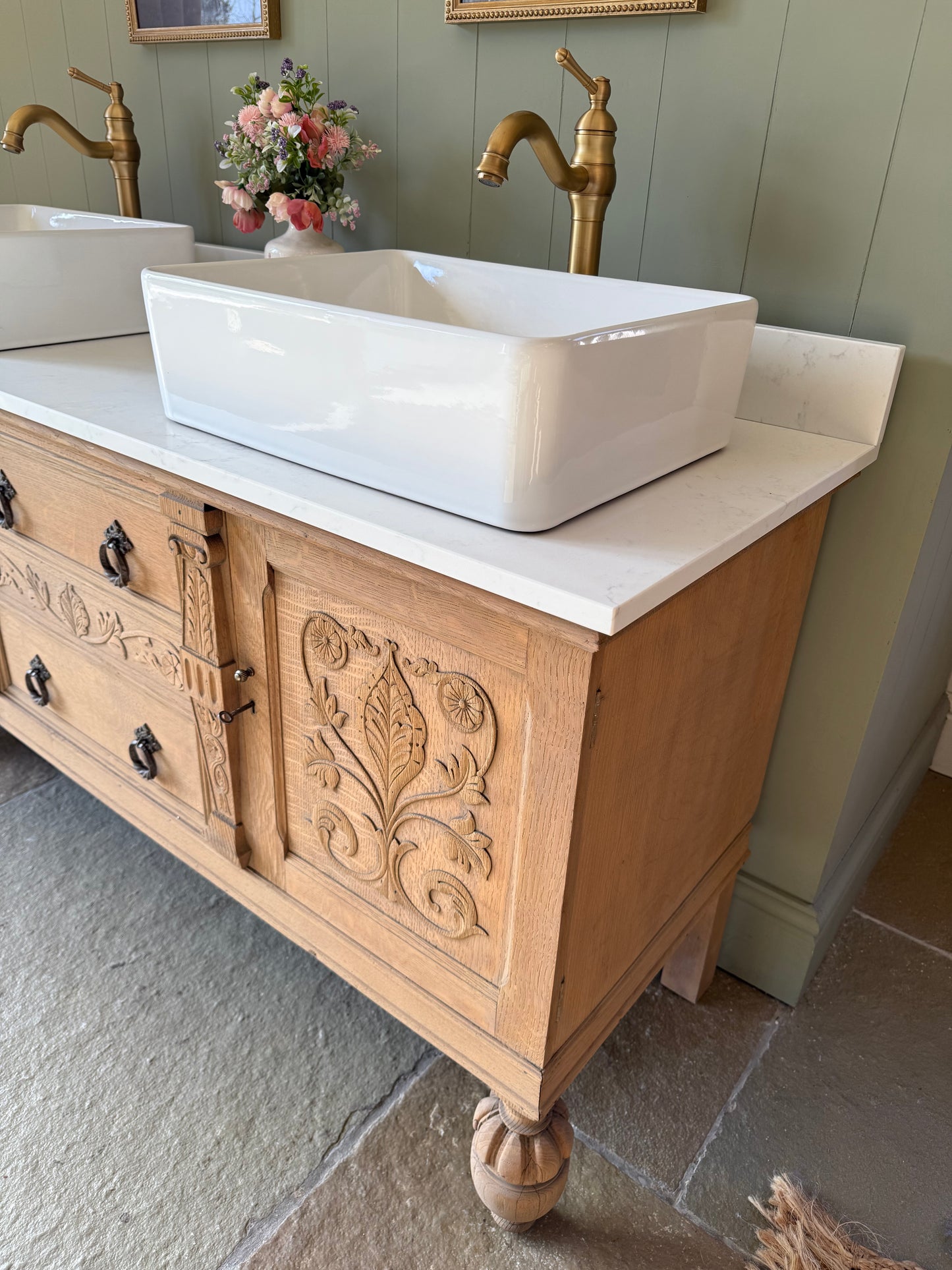 Pretty Carved Oak Vintage Vanity Sink Unit, Carrara Quartz top, Upstand and two basins (can be rectangular or circular basins) 154cm Wide