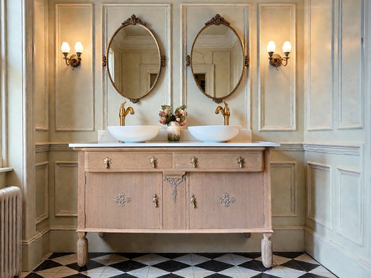 Solid Oak Vintage Double Vanity Sink Unit, Carrara Quartz Top, Upstand and basins (139cm)