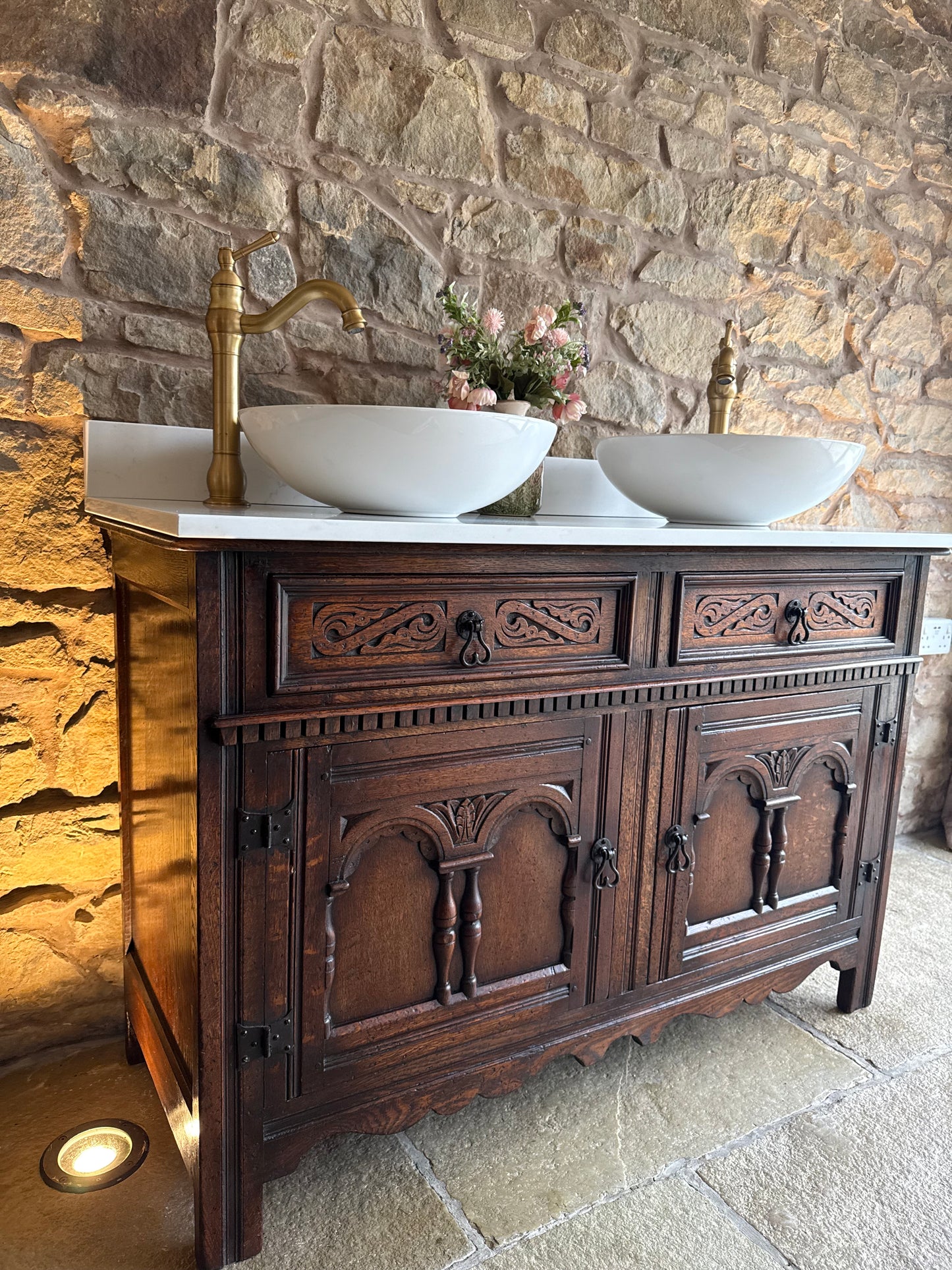 Antique Classic Double or Single Dark Oak Vanity Sink Unit, Quartz top, Upstand and basin/s (123cm wide)