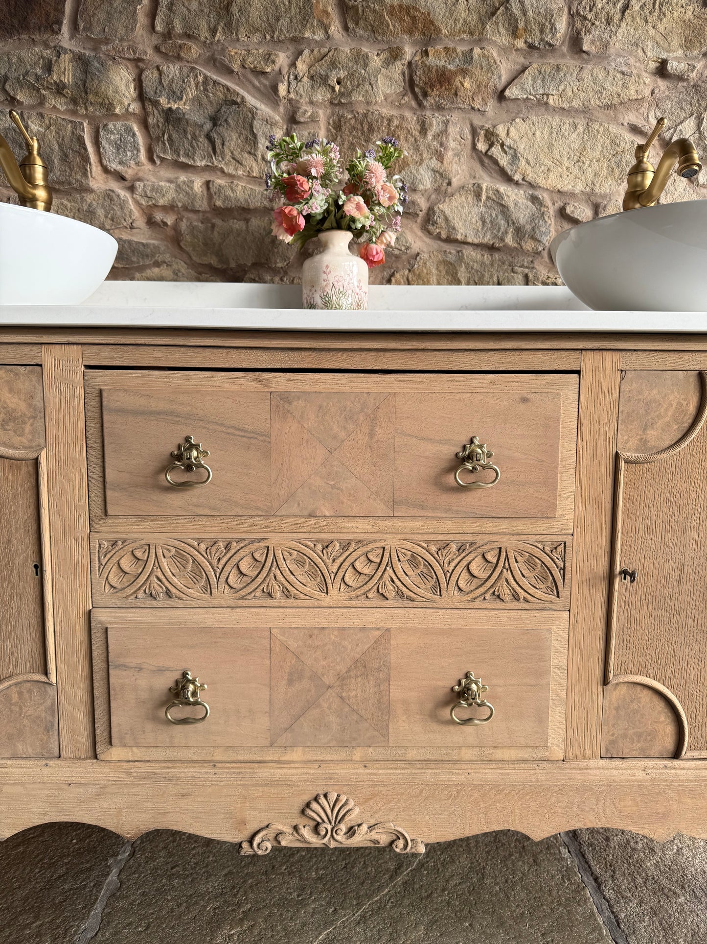 Vintage Oak (walnut inlay) Double Vanity Sink Unit, Carrara Quartz Top, Upstand and two basins. (152cm wide)