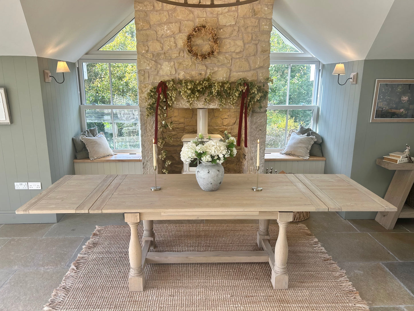 Large Extending Solid Oak Dining table refinished in a light weathered oak. (183cm-290cm)