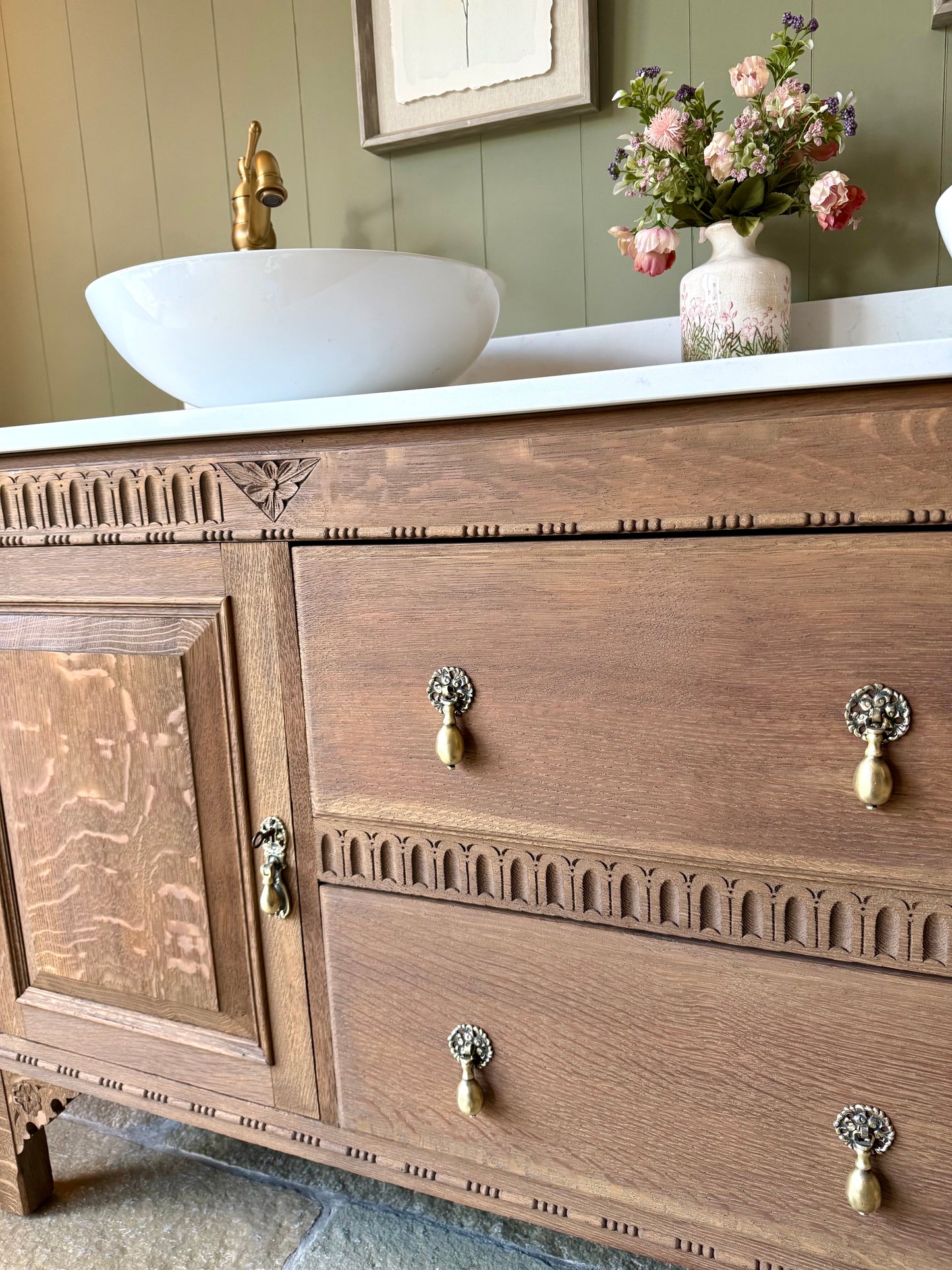 Large Double Vanity Sink, Carrara Quartz top, Upstand and two basins. (154cm wide)