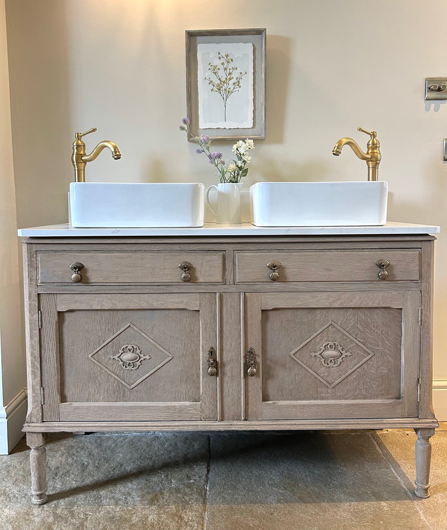 Vintage Double Vanity Sink. Solid Weathered Oak. Quartz/Marble top with Upstand.