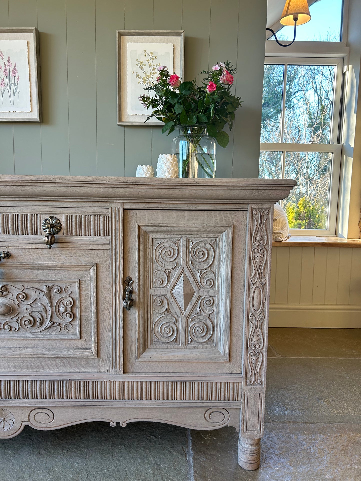 Large Vintage Weathered Oak Sideboard with Swirl Carvings and Brass Handles. Maple and Co.