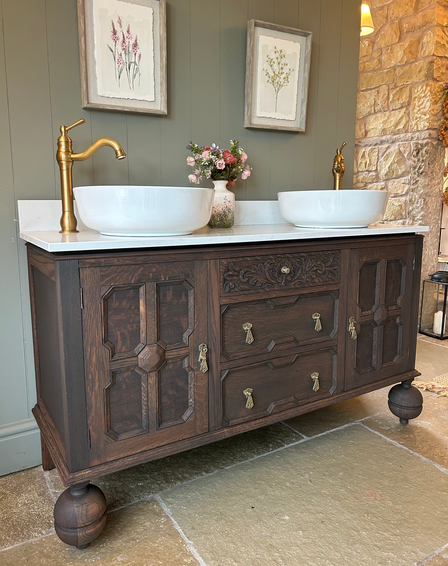 Classic Dark Oak Double. Amity Sink, Quartz top, Upstand and two basins. (141cm wide)